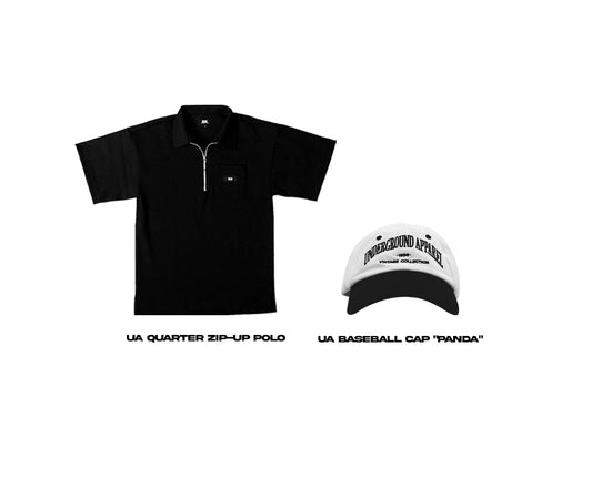 Quarter Zip-Up Polo and Baseball Cap "Panda" Bundle